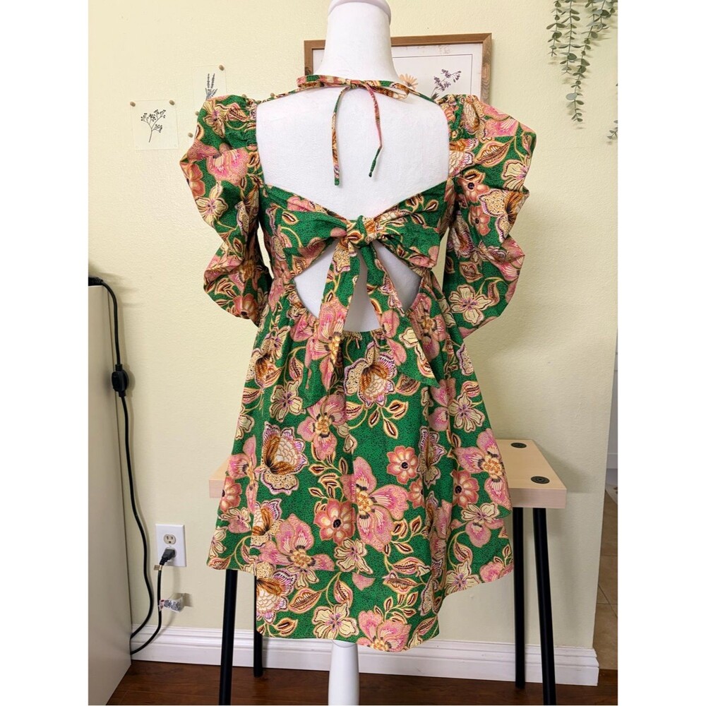 MISA Los Angeles Floral Puff Sleeve Open Back Bow Mini Dress Green Pink Size L - Picture 3 of 12
